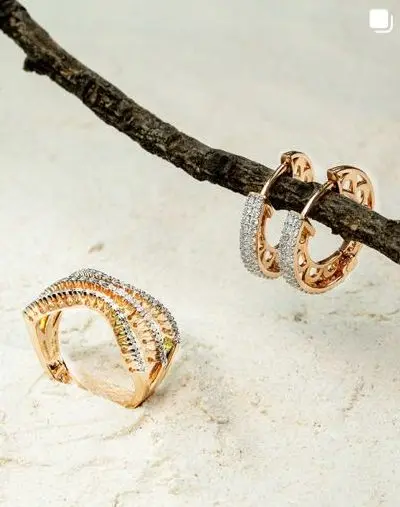 Rose gold and diamond hoops hanging from a branch.