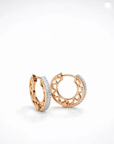 A pair of rose gold diamond hoops on a white ground.