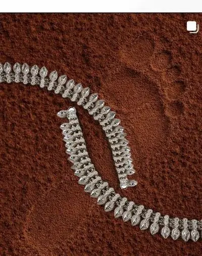 A pair of carved silver anklets on brown earth.